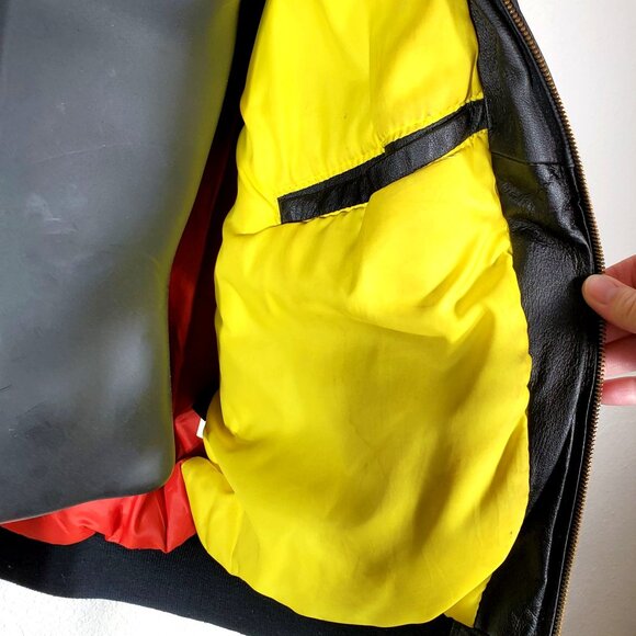 Vintage McDonalds Racing Team Large Leather Bomber Jacket Black Red Yellow - Picture 12 of 16